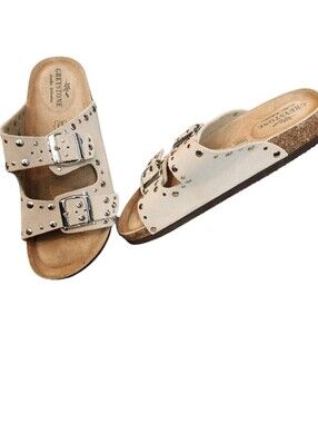 Greystone Leather Collection Fanna Beige Suede Studded (2 Strap) Sandals Size 7